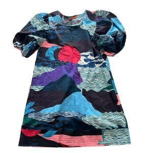 Oliphant Puff Sleeve Short Dress Pacifica Abstract Medium Blue Black Avant Garde